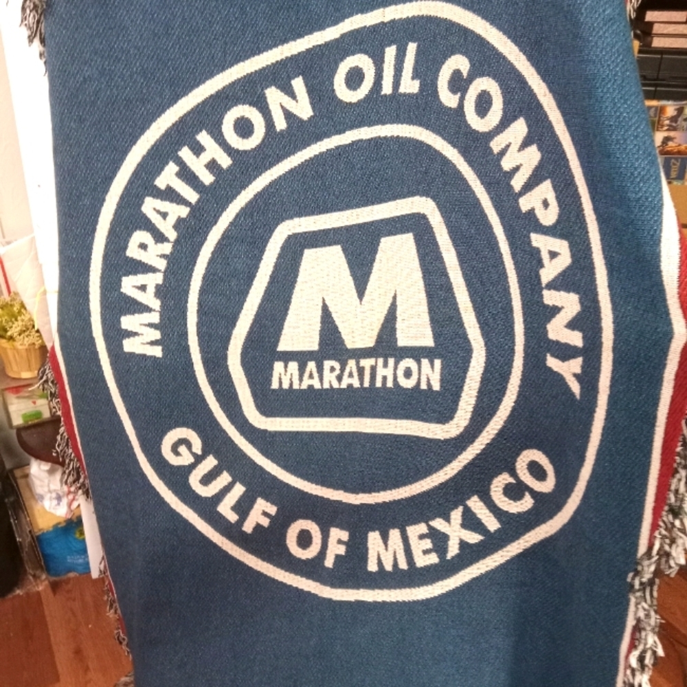 RARE Vintage Marathon Petroleum Oil Company Woven Cotton Tapestry Throw Blanket